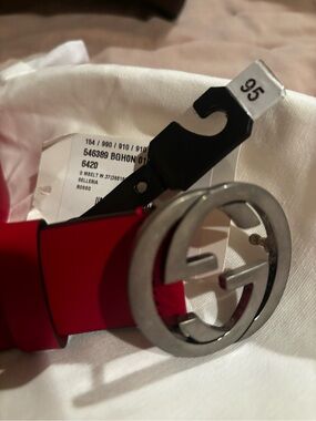 Authentic Gucci Red Leather Belt with Matte Silver GG Buckle
